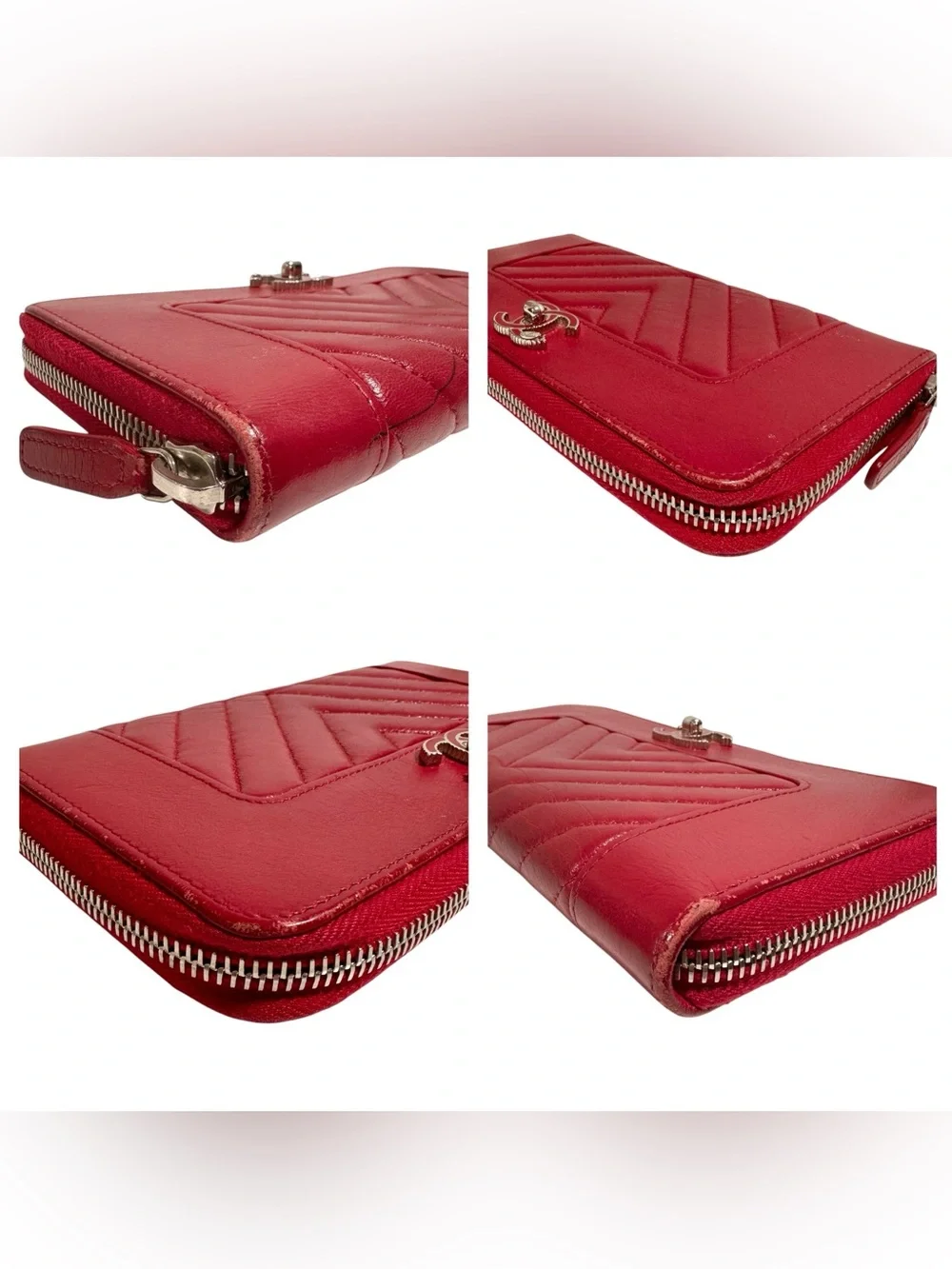 Chanel Mademoiselle Chevron Red Lambskin Leather Zip Around Zippy Large Wallet